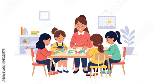 Modern flat vector illustration of teacher helping child solve puzzle at classroom table representing cognitive development, problem solving and early learning