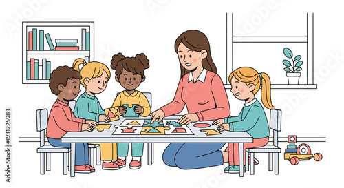 Modern flat vector illustration of teacher helping child solve puzzle at classroom table representing cognitive development, problem solving and early learning
