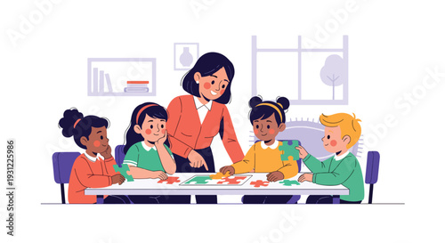 Modern flat vector illustration of teacher helping child solve puzzle at classroom table representing cognitive development, problem solving and early learning