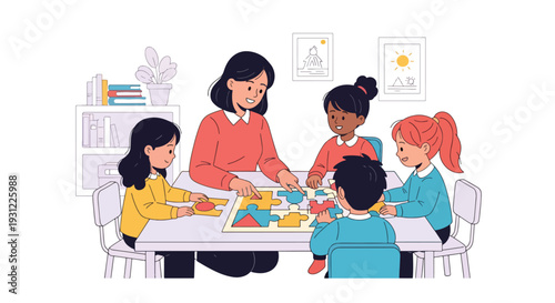 Modern flat vector illustration of teacher helping child solve puzzle at classroom table representing cognitive development, problem solving and early learning