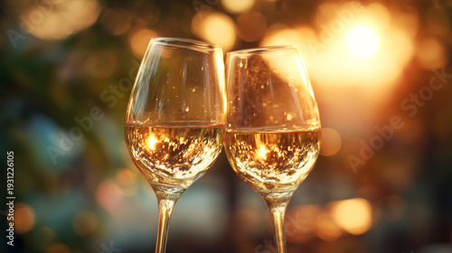 Elegant wine glasses clinking together in warm sunset light outdoors
