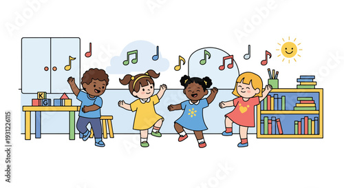 Modern flat vector illustration of kindergarten children dancing with teacher representing movement education, joyful activity and physical development