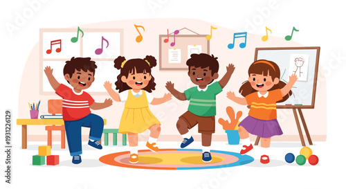Modern flat vector illustration of kindergarten children dancing with teacher representing movement education, joyful activity and physical development