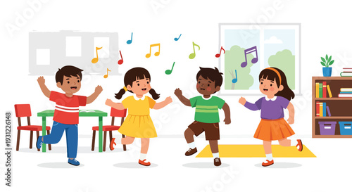 Modern flat vector illustration of kindergarten children dancing with teacher representing movement education, joyful activity and physical development