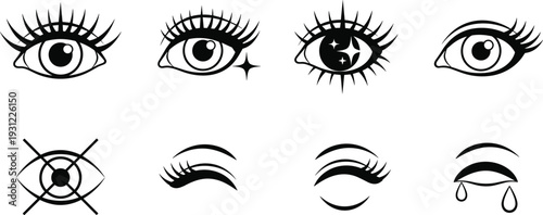 Eye expression line icon set with open, closed, crying and crossed eye symbols vector illustration
