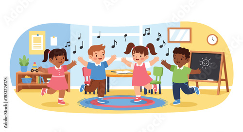 Modern flat vector illustration of kindergarten children dancing with teacher representing movement education, joyful activity and physical development