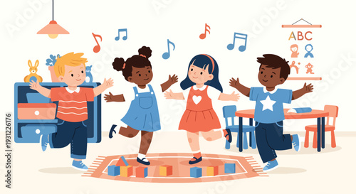 Modern flat vector illustration of kindergarten children dancing with teacher representing movement education, joyful activity and physical development