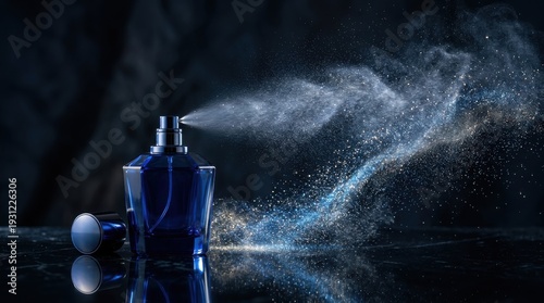 A luxurious blue perfume bottle sprays a shimmering mist of fine particles against a dark, moody background with dramatic lighting.