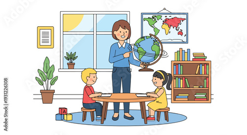 Modern flat vector illustration of teacher showing globe and world map to children representing early geography education and curiosity about world