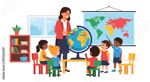 Modern flat vector illustration of teacher showing globe and world map to children representing early geography education and curiosity about world