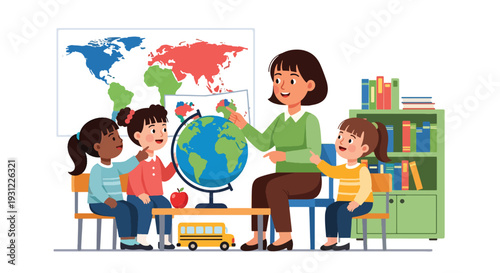 Modern flat vector illustration of teacher showing globe and world map to children representing early geography education and curiosity about world