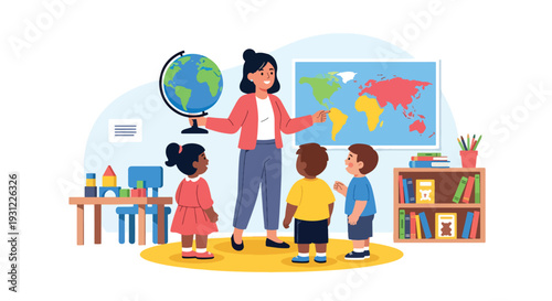 Modern flat vector illustration of teacher showing globe and world map to children representing early geography education and curiosity about world