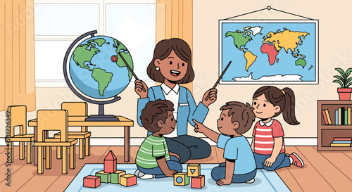 Modern flat vector illustration of teacher showing globe and world map to children representing early geography education and curiosity about world