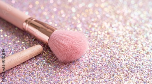 A soft pink makeup brush rests on a shimmering, sparkling background of rose gold glitter, creating a glamorous and feminine aesthetic.