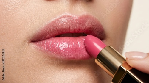 Close-up of a woman's lips applying glossy pink lipstick with a golden tube, with a soft, warm mood and a plain background.