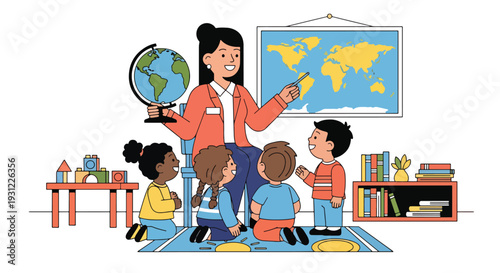 Modern flat vector illustration of teacher showing globe and world map to children representing early geography education and curiosity about world