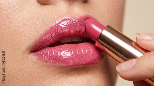 Close-up of a woman's lips being precisely applied with glossy pink lipstick, captured in a soft focus with warm, natural light against a neutral background.