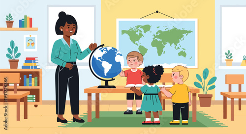 Modern flat vector illustration of teacher showing globe and world map to children representing early geography education and curiosity about world
