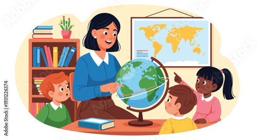 Modern flat vector illustration of teacher showing globe and world map to children representing early geography education and curiosity about world