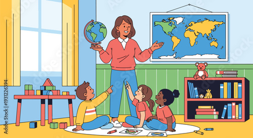 Modern flat vector illustration of teacher showing globe and world map to children representing early geography education and curiosity about world
