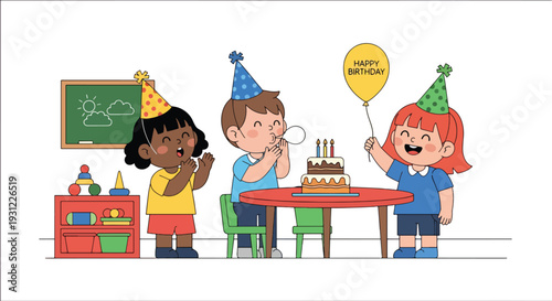 Modern flat vector illustration of kindergarten birthday celebration with cake and decorations representing joyful classroom moment and social development