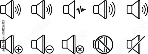 Speaker volume control line icon set with sound, mute, increase and decrease audio symbols