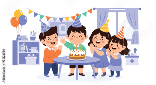 Modern flat vector illustration of kindergarten birthday celebration with cake and decorations representing joyful classroom moment and social development
