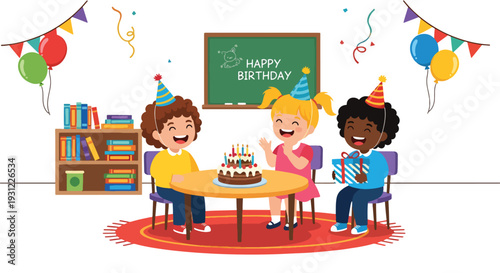 Modern flat vector illustration of kindergarten birthday celebration with cake and decorations representing joyful classroom moment and social development