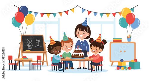 Modern flat vector illustration of kindergarten birthday celebration with cake and decorations representing joyful classroom moment and social development