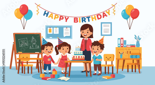 Modern flat vector illustration of kindergarten birthday celebration with cake and decorations representing joyful classroom moment and social development
