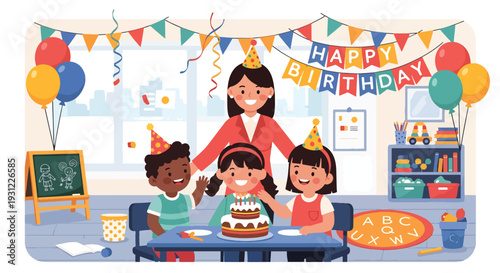 Modern flat vector illustration of kindergarten birthday celebration with cake and decorations representing joyful classroom moment and social development