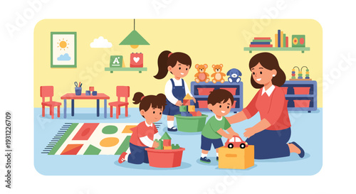 Modern flat vector illustration of children organizing toys and cleaning classroom representing responsibility, teamwork and positive learning environment