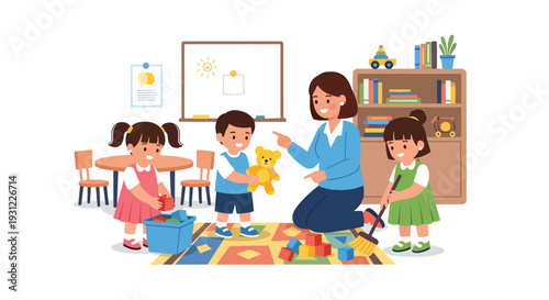 Modern flat vector illustration of children organizing toys and cleaning classroom representing responsibility, teamwork and positive learning environment