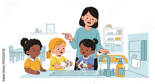 Modern flat vector illustration of teacher guiding children washing hands representing hygiene education, health awareness and daily school routine