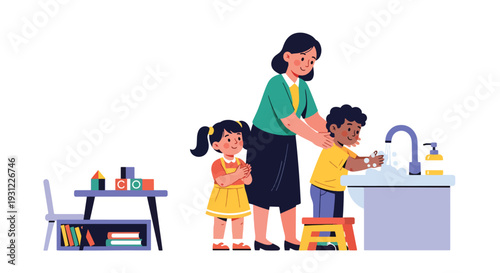 Modern flat vector illustration of teacher guiding children washing hands representing hygiene education, health awareness and daily school routine