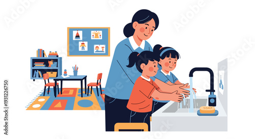 Modern flat vector illustration of teacher guiding children washing hands representing hygiene education, health awareness and daily school routine
