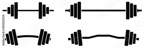Barbell Icons Collection, Black Gym Weightlifting Symbols Set, isolated vector fitness and workout design elements, perfect for gym logos, bodybuilding graphics, training equipment branding