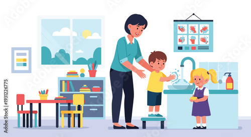 Modern flat vector illustration of teacher guiding children washing hands representing hygiene education, health awareness and daily school routine
