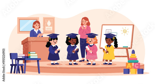 Modern flat vector illustration of kindergarten graduation ceremony with children wearing caps celebrating milestone and educational achievement