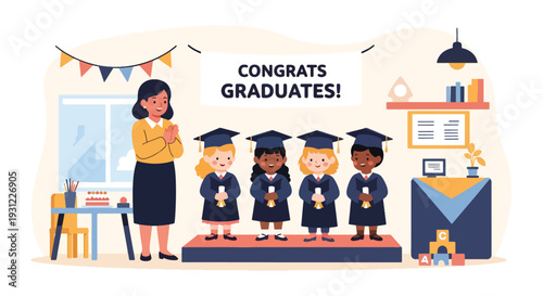 Modern flat vector illustration of kindergarten graduation ceremony with children wearing caps celebrating milestone and educational achievement