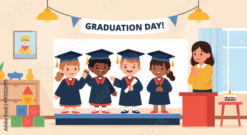 Modern flat vector illustration of kindergarten graduation ceremony with children wearing caps celebrating milestone and educational achievement