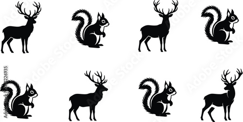 Deer and squirrel silhouettes set, forest wildlife animal icons collection isolated for woodland nature illustration, hunting themes and outdoor design