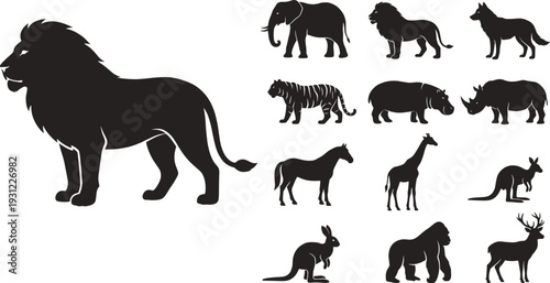African safari animal silhouettes set with lion, elephant, giraffe, rhino and tiger, wildlife collection isolated for nature, zoo, jungle and conservation design