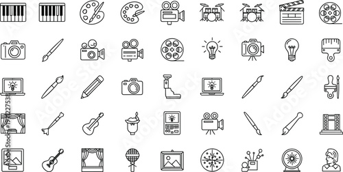 Creative arts and media line icon set with painting, music, photography and filmmaking symbols