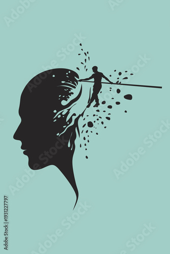 Tightrope Walker Balancing in Head Silhouette: Mind Balance, Trauma Freedom, Growth Progress