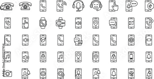 Mobile phone and communication line icon set with call, chat, music and application symbols