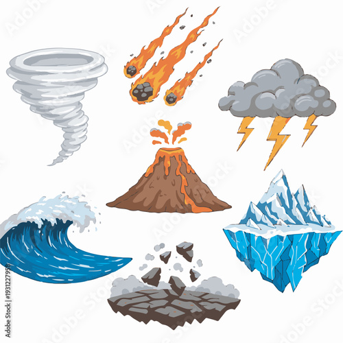 Collection of Natural Disaster Icons Including Tornado, Meteor Shower, Volcano, Lightning Storm, Tsunami, Earthquake and Iceberg