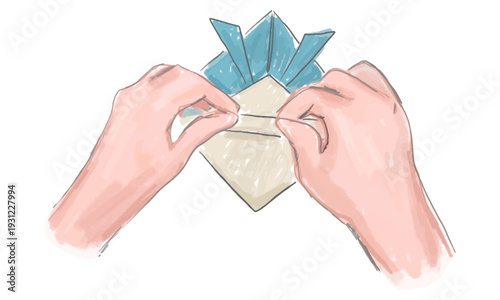 折り紙の兜を折る手のラフな水彩スケッチ
