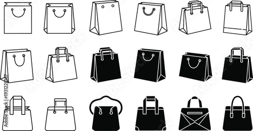 Shopping bag and retail package line and solid icon set isolated on white background vector collection