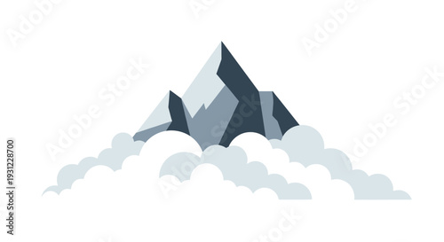 Majestic mountain peak emerging from soft clouds, isolated on white background